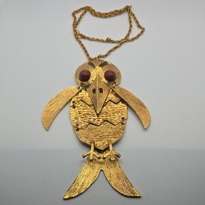 Vintage Gold and Red Articulated Bird Pendant Necklace